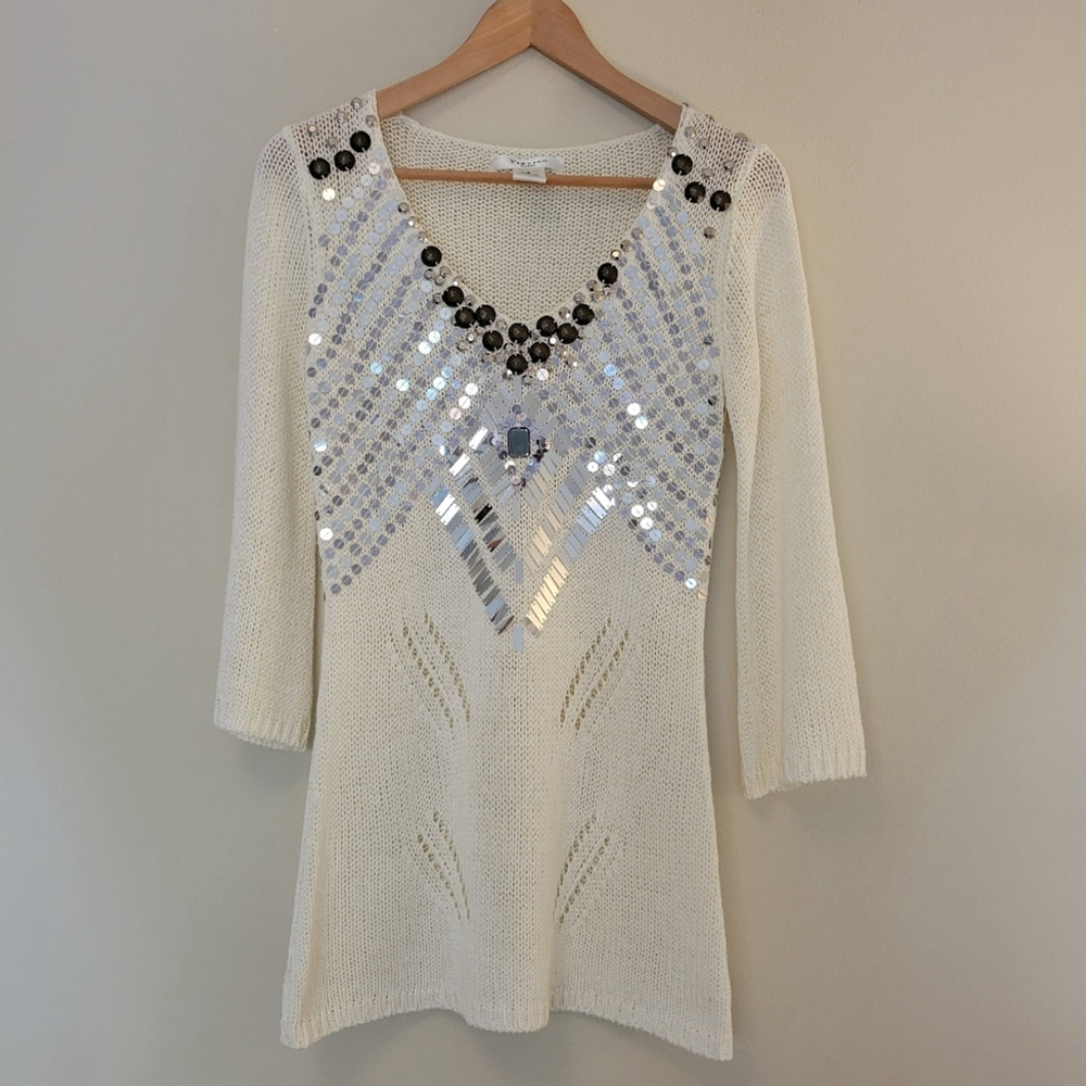 VERTIGO PARIS Silver Sequin 3/4 Sleeve Sweater Top SZ S Off White/Ivory